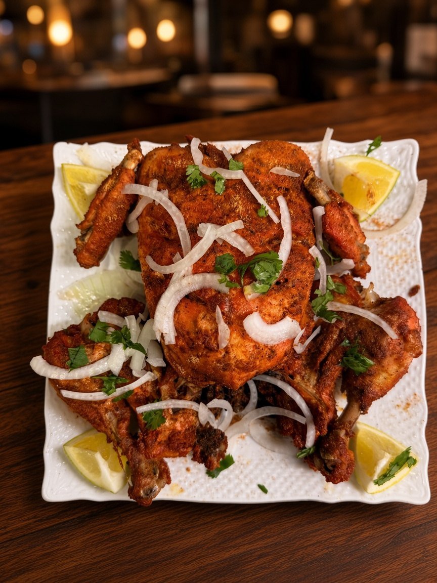 Spice-roasted chicken with onion and lemon